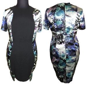 Monif C Black Floral Watercolor Satin Contrast Sheath Dress Plus Size 1X